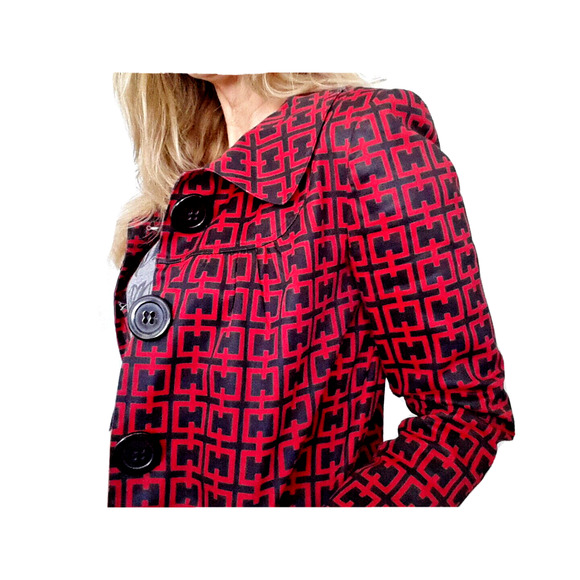 H Geometric Pattern Long Jacket Sz S Spring Fall Black Red Pattern Sophisticated - Picture 5 of 10